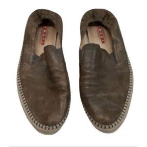 Prada Size 8 Slip On Espadrille Loafers Brown Leather Minimalist Old Money
